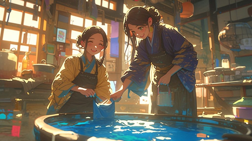 親子で藍染め体験をしている